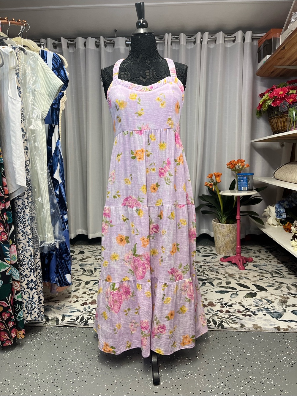 Floral Lavender and Pink Tiered Maxi Dress